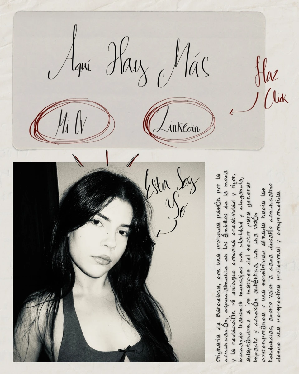 Collage manuscrito sobre papel: «Aquí hay más», con «Mi CV» y «Linkedin» rodeados en rojo junto a un retrato de Nekane Jaca
