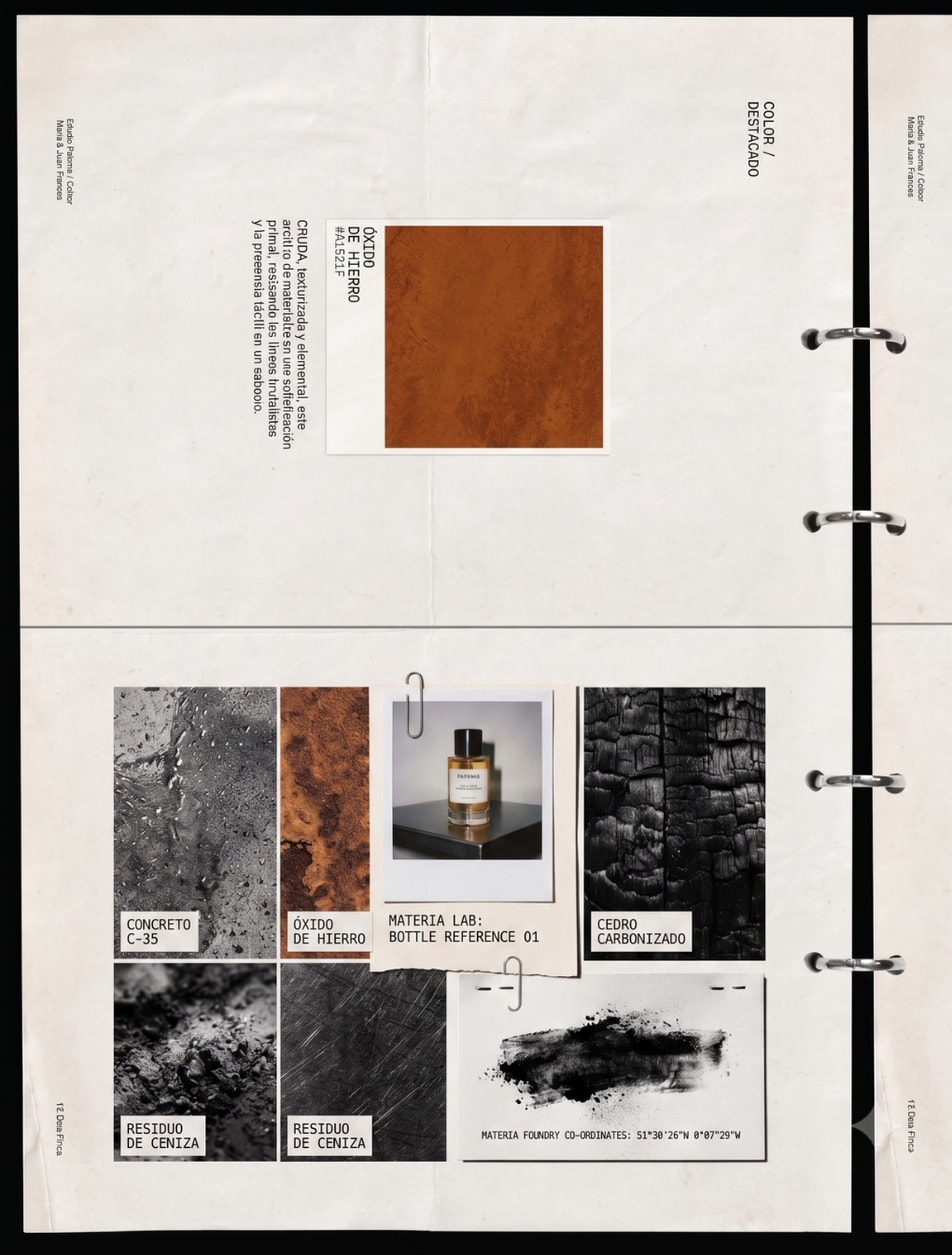 Archivo visual del proyecto Materia: muestras de óxido de hierro, hormigón y texturas metálicas sobre un cuaderno de anillas