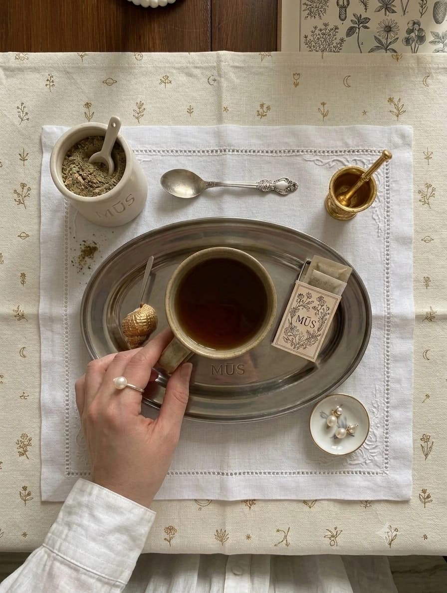Bodegón cenital del ritual MÜS: taza de infusión, mortero dorado y sobre de producto sobre mantel bordado